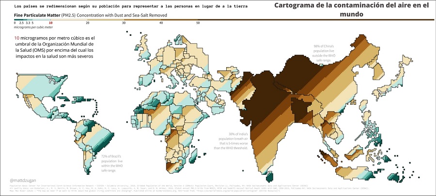 Cartograma de la contaminación del aire en el mundo 900